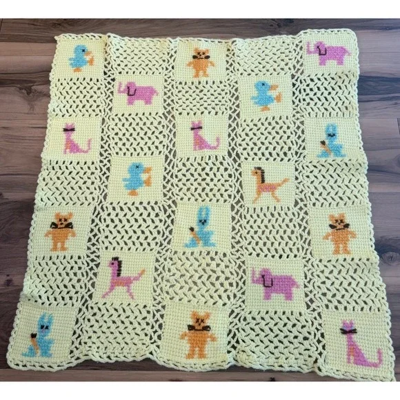 Handmade Crochet Squares Baby Blanket Yellow Animal Afghan Cat Bear Elephant