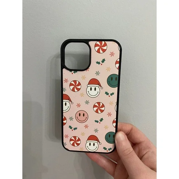iPhone 14 Case Unisex Pink Christmas Smiley Face Peppermint Holiday Retro