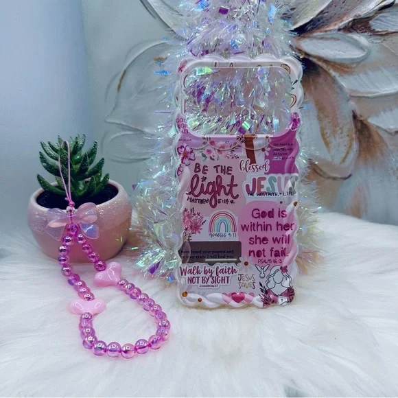 Faith Themed iPhone 17 Pro Case with pink Beaded Strap