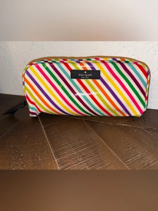 Kate Spade New York Multicolor Stripe Cosmetic Makeup Bag Travel Pouch Coated Ca