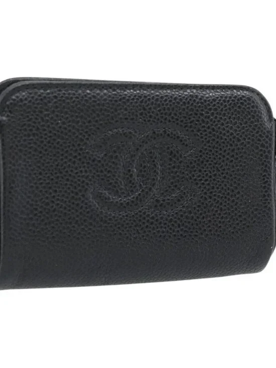 CHANEL COCO Mark Pouch Grained Calf Skin Black Gold CC Auth 181481