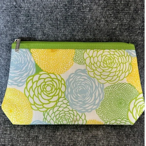Clinique Floral Makeup Bag Green Yellow Blue Canvas Zipper Pouch Cosmetic Case