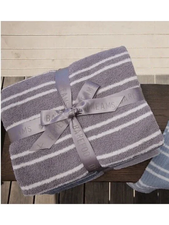 Barefoot Dreams CozyChic Double Stripe Throw Blanket Beachrock/Cream Size 45x60