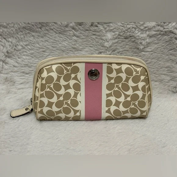 Coach Beige Signature Cosmetic Case with Pink Center Stripe