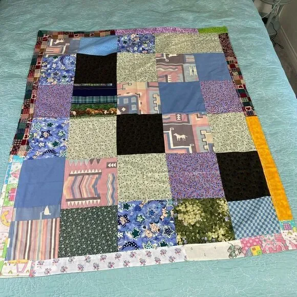 Colorful child’s Patchwork Quilt Throw 40” x 39” handmade reversible