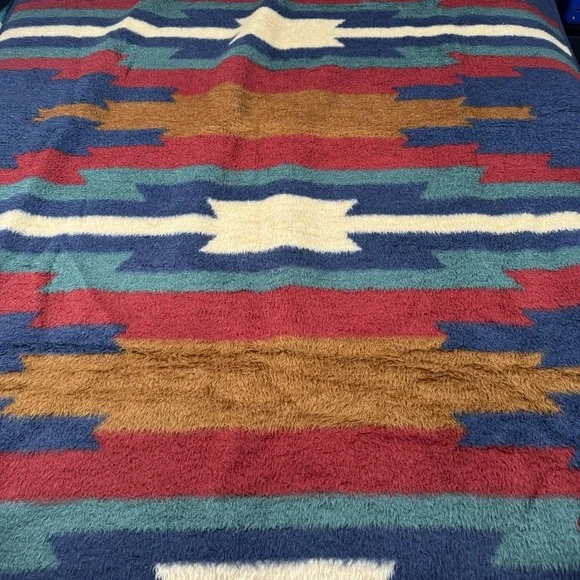 Vtg Biederlack Throw Blanket Southwest Aztec Camp Bonfire Reversible 74