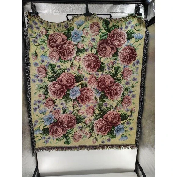Vintage Large Floral Design Fringed Woven Citton Tapestry Throw Blanket 49x54