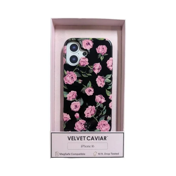 Y3-N VELVET‎ CAVIAR Apple iPhone 16 MagSafe Case - Black & Pink Rose Floral