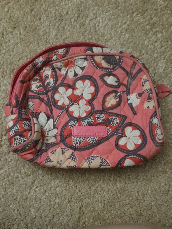 Vera Bradley Pink Quilted Floral Makeup Bag with Cream Accents