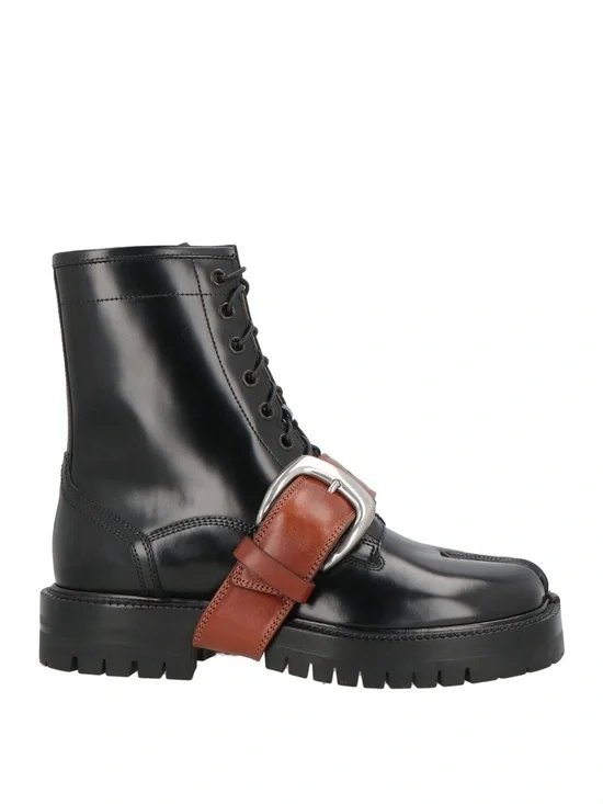 Maison Margiela Black Leather Ankle Combat Tabi Boot w Brown Buckle Strap EU40