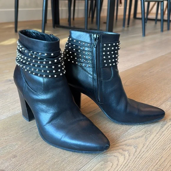 Saint Laurent Black Leather Studded Ankle Boots
