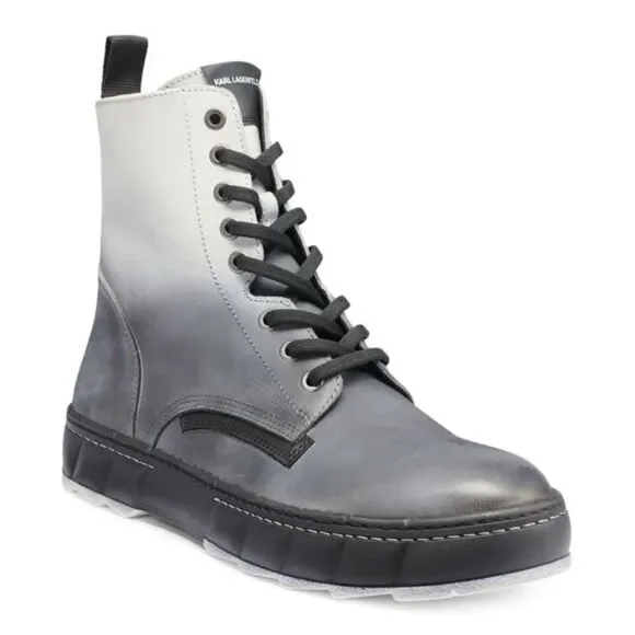 Karl Lagerfeld Men’s Grey Ombré Leather Combat Boots Size 13