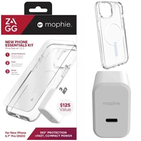ZAGG mophie New Phone Essentials Kit 360 Screen Protection 30W Wall Charger