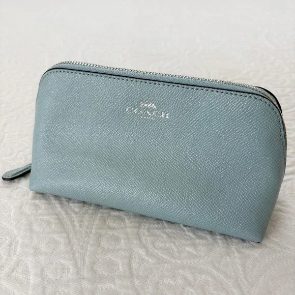 Coach Zippered Leather Makeup Pouch, Sky Blue Silver