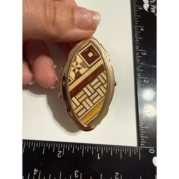 Vintage Wood Marquetry Inlay Lipstick Case Gold Tone Metal Mirror Yosegi Style