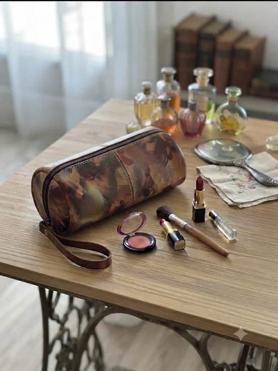Patricia Nash Brown Multi Floral Leather Cosmetic Wristlet
