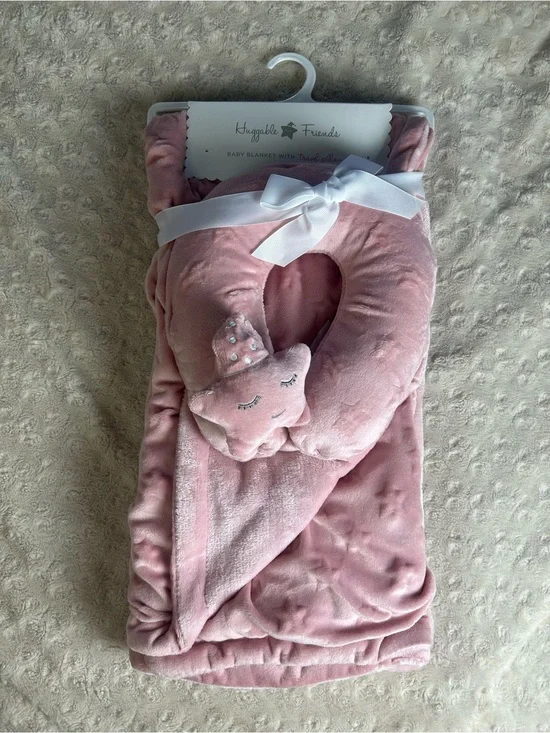 Huggable Friends Pink Star Rose Baby Blanket Travel Pillow SL Home Fashions