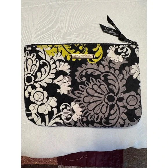 Vera Bradley Night and Day Quilted Cosmetic Pouch Black White Yellow Floral NWOT