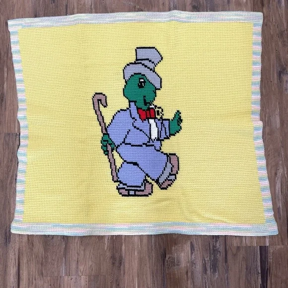 Vintage‎ Crochet Baby Blanket Turtle Gentleman Yellow Afghan 33x36