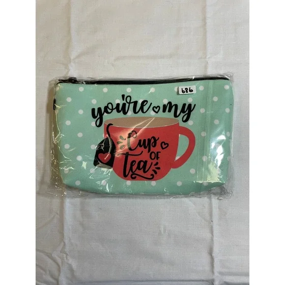 The Pouch Cosmetic Bag Mint Green NWT Tea Graphic Polka Dot Zipper