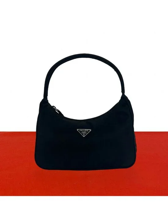 Prada Triangle Logo Plate Tessuto Nylon Mini Handbag Pouch Black