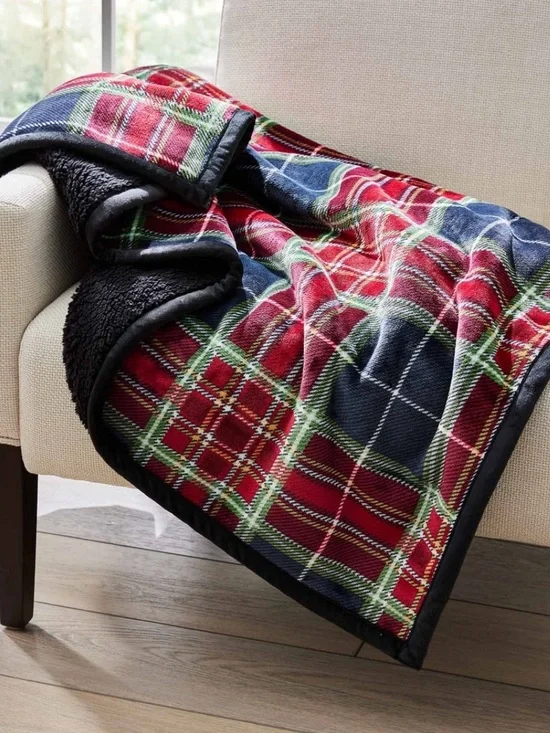Red and Black Plaid Velvet Plush Throw with Sherpa Cozy Gift