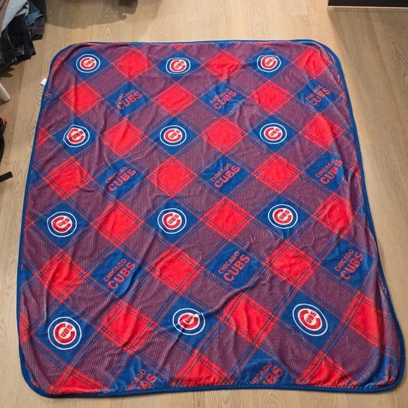 MLB Chicago Cubs Plaid Sherpa Throw Blanket Northwest Company Blue Red Fleece