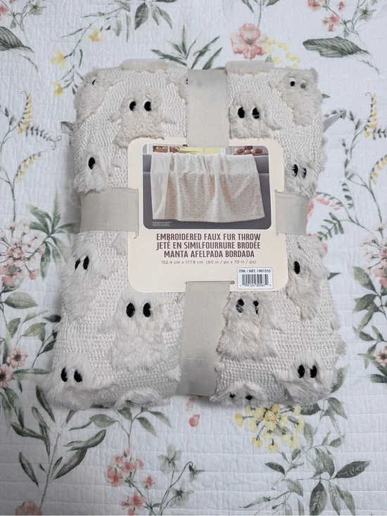 Embroidered Faux Fur Throw Blanket - Cream