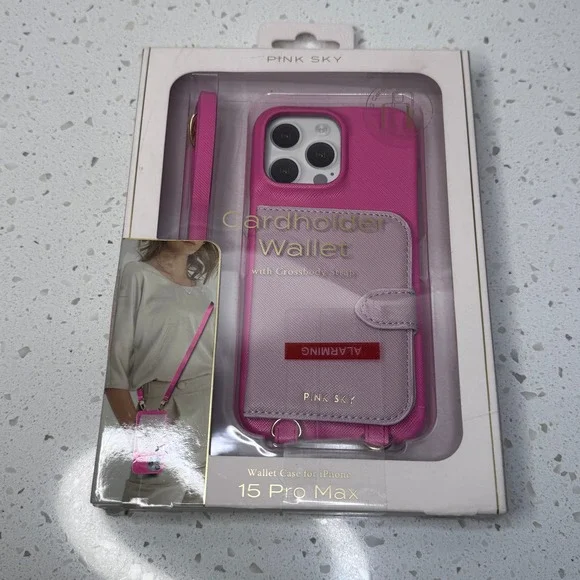 Pink Sky for iPhone 15 Pro Max Cardholder Wallet Case Crossbody Strap Pink NIB