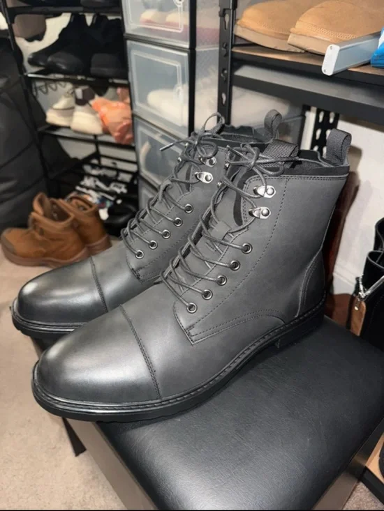Men's Lace-Up Cap-Toe Combat Boots - Charcoal Gray