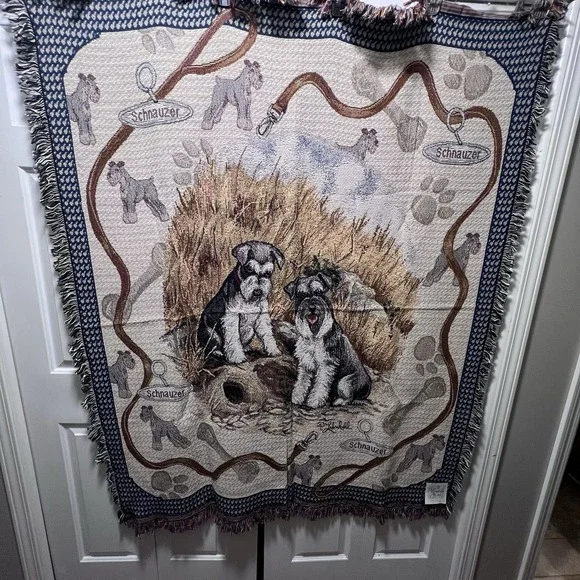 Vtg Schnauzer Dog Woven Cotton Tapestry Throw Blanket New 49