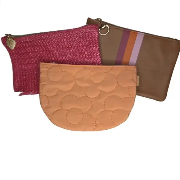 Ipsy Set Of 3 Makeup Cosmetic Bags Pink Brown Orange
