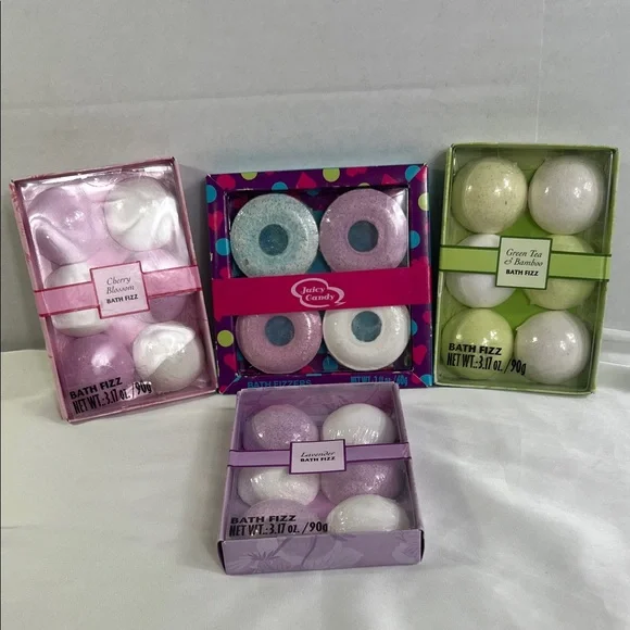 Juicy Candy Bath Fizz Set of 4 Green Tea Cherry Blossom Lavender‎ Gift Set