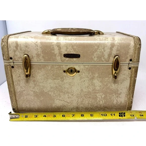 Vintage Samsonite Schwayder Ivory Marble Hard Shell Train Makeup Case 13