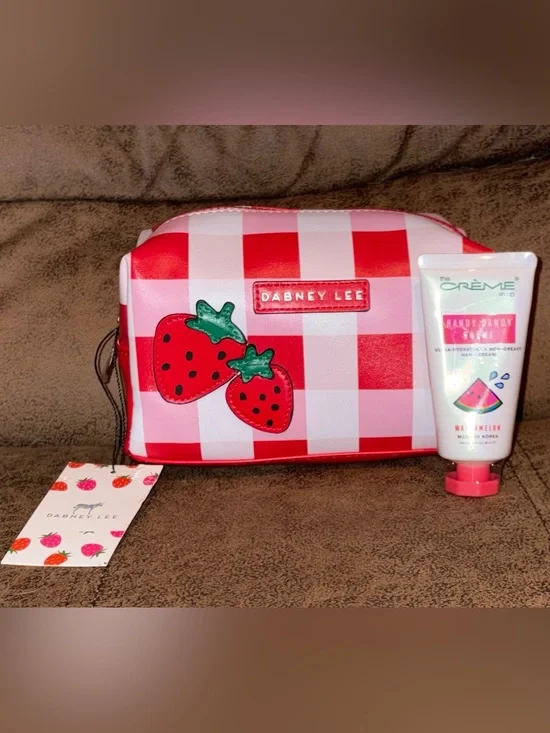 Dabney Lee Strawberry Gingham Cosmetic Pouch & Creme Shop Watermelon Hand Cream