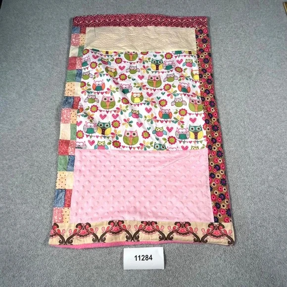 Baby Blanket Pink Minky Dot Owls and Hearts Patchwork Print Lightweight Comfort