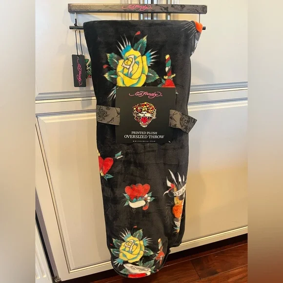 Ed Hardy Black Throw Blanket with Roses Yellow and Red Tattoo Designs