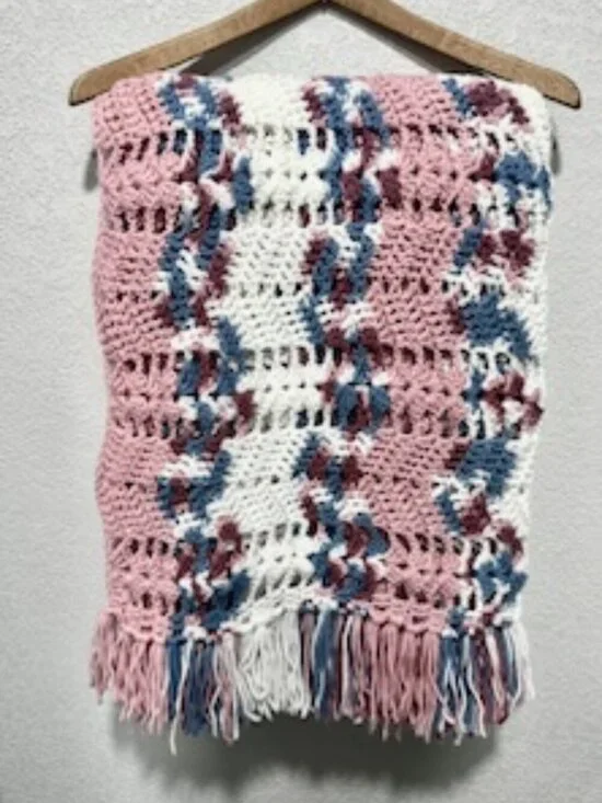 Handknit Crochet Afghan Throw Blanket Fringe Lacy Ripple Multicolor 45inx68in