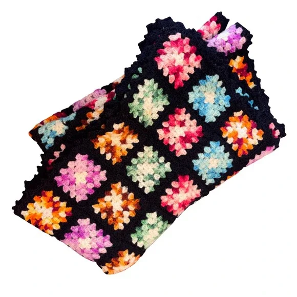 Vintage Handmade Crocheted‎ Granny Square Blanket Black Multi Color Afghan 43x60