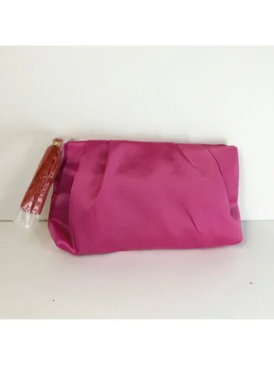 Estee Lauder Makeup Cosmetic Bag Hot Pink Satin with Red Tassel Zipper