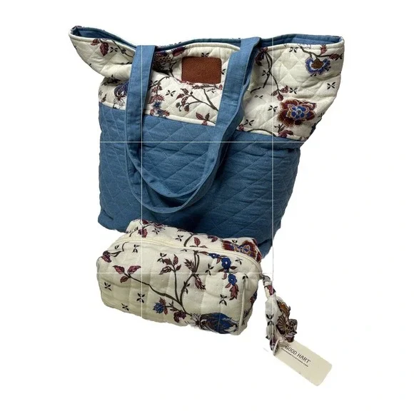 Good Hart Womens Heartsong Floral Quilted Tote Bag Cosmetic Pouch Set Blue White