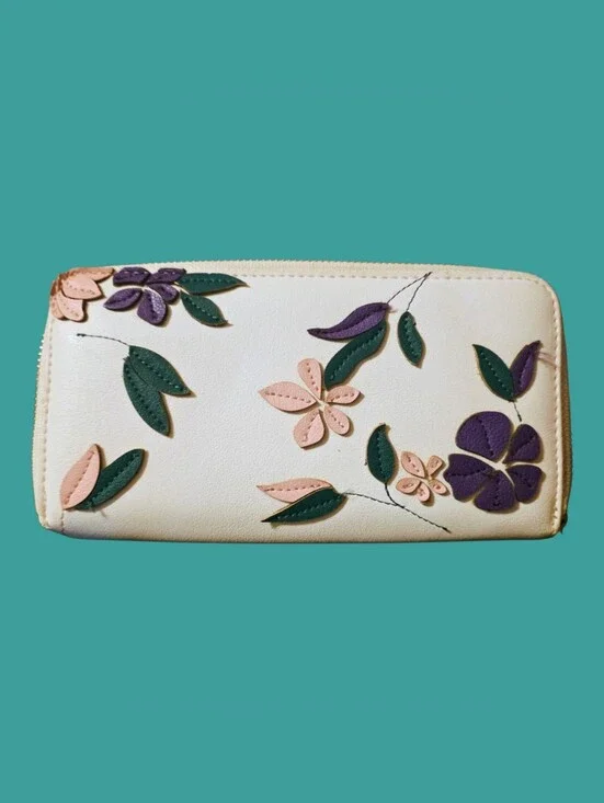 Source Unknown White Floral Appliqué Zip Wallet - Pink, Green & Purple