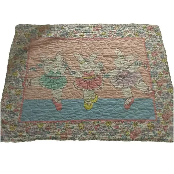 Vintage Handmade Ballerina‎ Bunny Rabbits Pastel Floral Baby Blanket
