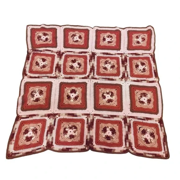 Granny Square Crocheted Knit Blanket Pink Mauve Purple Grannycore Girl’s Throw