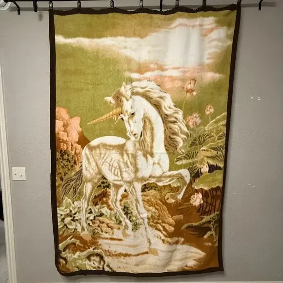 Vtg Revert Unicorn blanket - fleece plush green brown fairy whimsical mythical