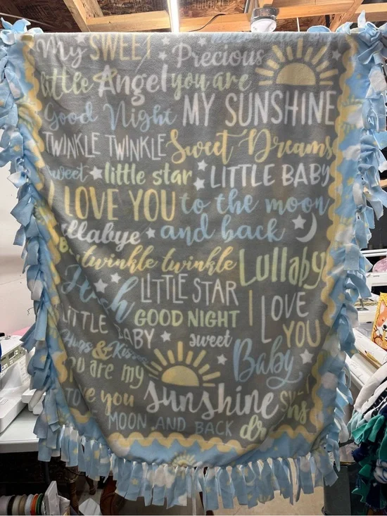 Baby Lullaby Text Fleece Throw Blanket - Gray, Blue & Yellow