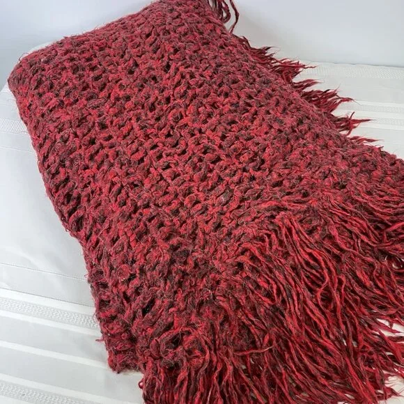 Vintage Handmade Red Open-Weave Fringe Throw Retro Accent Blanket MCM Boho