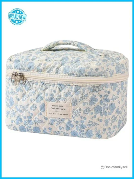 Large Cotton Cosmetic Bag for Travel - Floral Toiletry Organizer Pouch