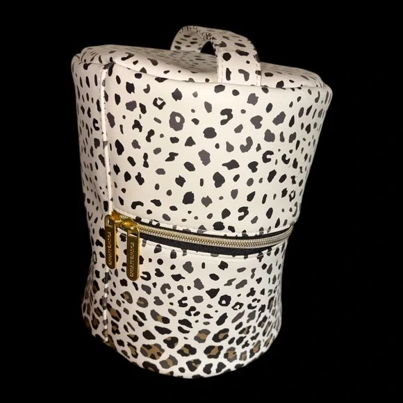 Leopard Print Cylinder Cosmetic Bag - White and Black and gold