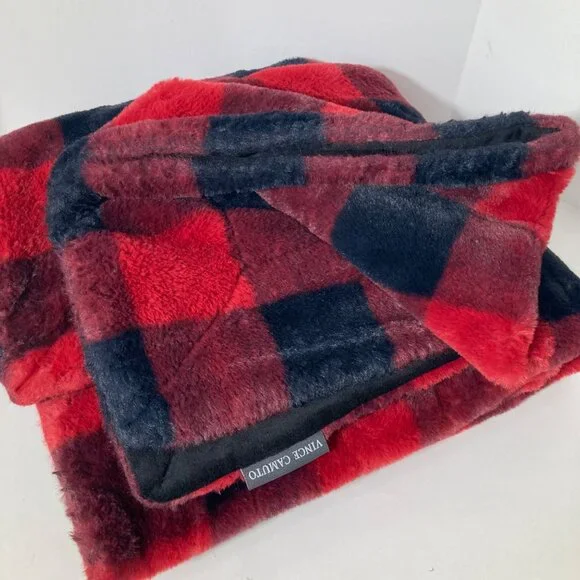 Vince Camuto Faux Rabbit Fur Buffalo Check Throw Blanket Black Red‎ 50 x 64